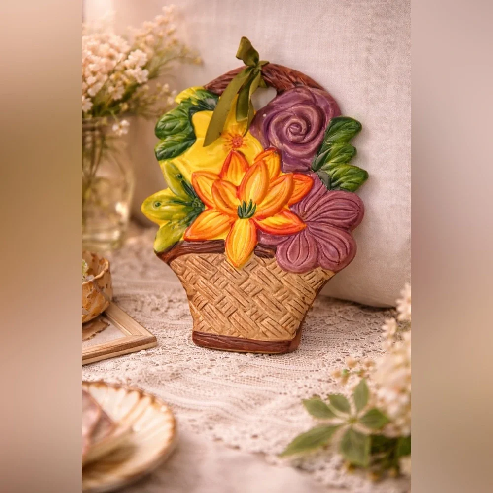 Vintage Ceramic Floral Basket Wall Hanging Decor Hand Painted